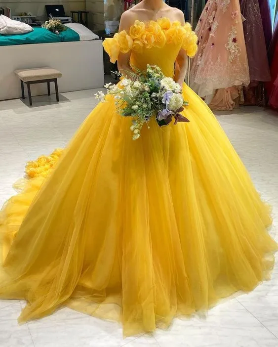 Diynav The Shoulder Yellow Tulle Ball Gown,Yellow Princess Dress HZ1017