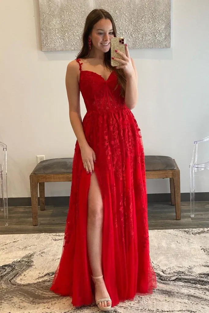 Diynav Neck Tulle Red Lace Long Prom Dress with High Slit, Red Lace Formal Dress, Red Evening Dress HZ1017