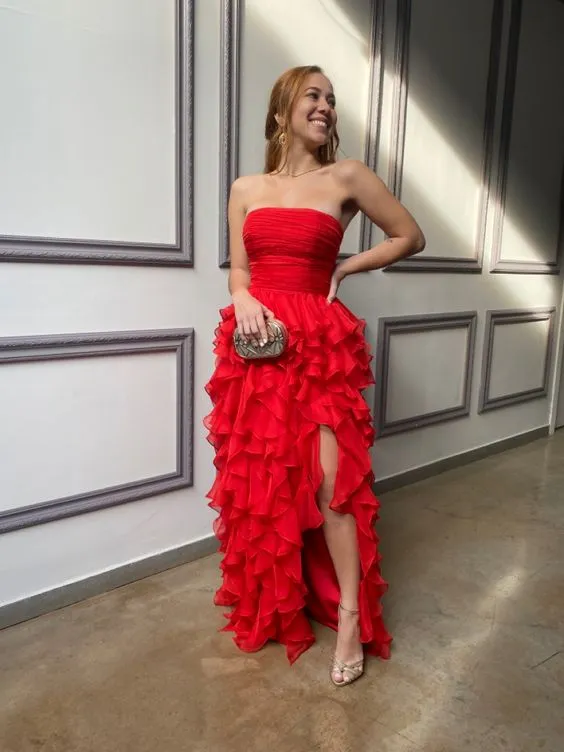 Diynav Strapless Long Prom Dress with Ruffles,Red Evening Dress HZ1017