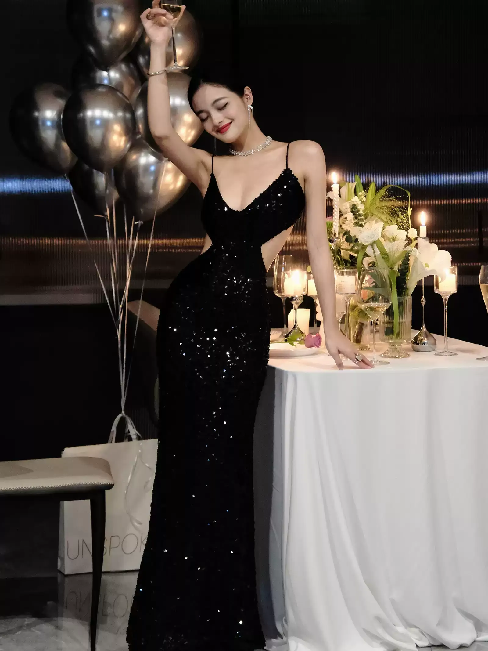 Diynav Sequins Sparkling Evening Dress,Sexy Backless Evening Gown HZ1017