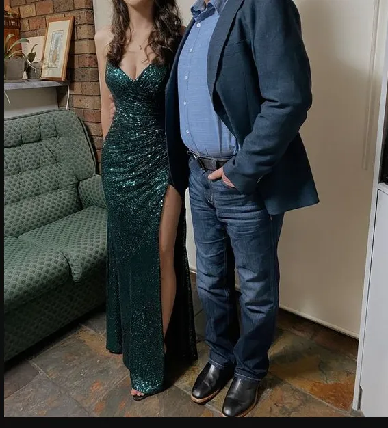 Diynav Mermaid Spaghetti Straps Dark Green Sequins Long Prom Dresses With Split Formal Evening Gowns HZ1017