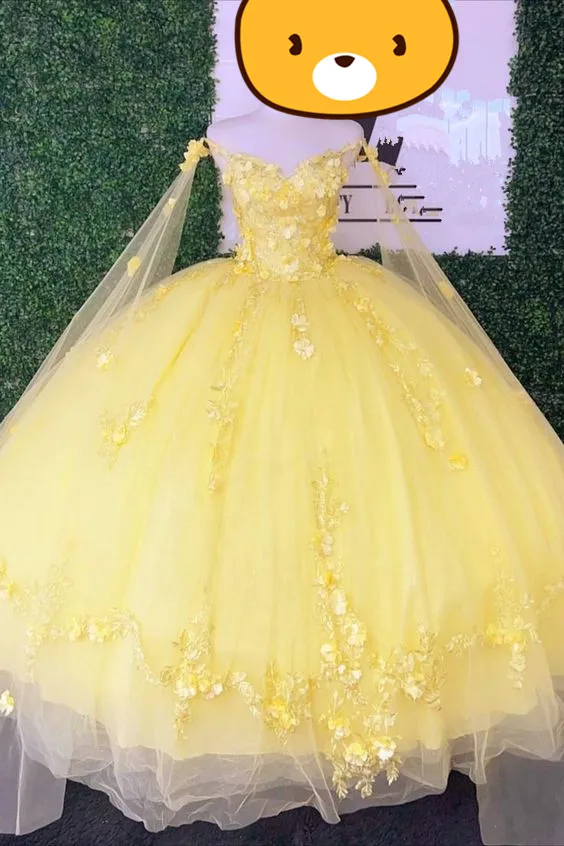 Diynav Yellow Quinceanera Dresses Spaghetti Strap With Wrap Sweet 15 Ball Gowns 3D Flower Bead HZ1017