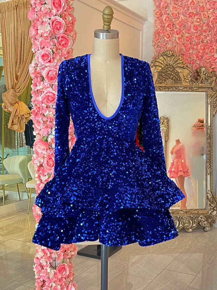 Diynav Blue Sequins Homecoming Dress,Backless Homecoming Dress HZ1017