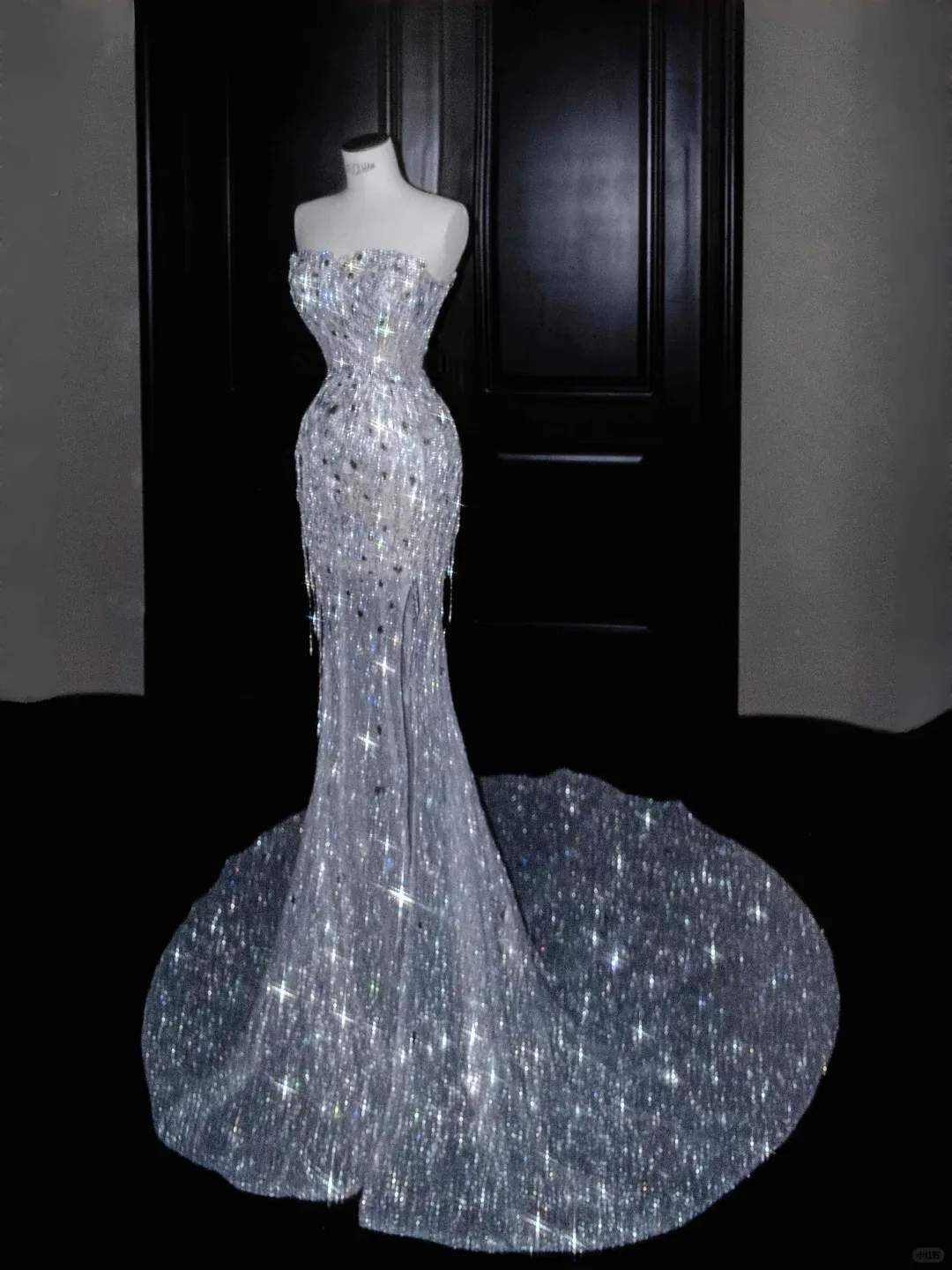 Diynav Strapless Tulle Sequins Tassel Evening Dress,Slit Mermaid Prom Dress Wedding Dress HZ1017