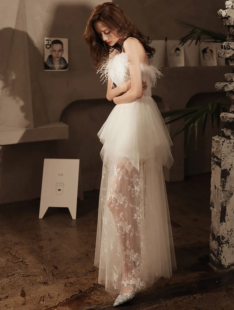 Diynav Retro Style Fashion Evening Sheer Party Dress,White Evening Dress HZ1017 - Image 2