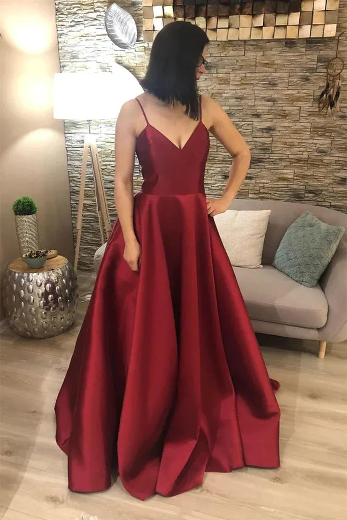 Diynav Neck Open Back Burgundy Satin Long Prom Dress, V Neck Burgundy Formal Graduation Evening Dress HZ1017