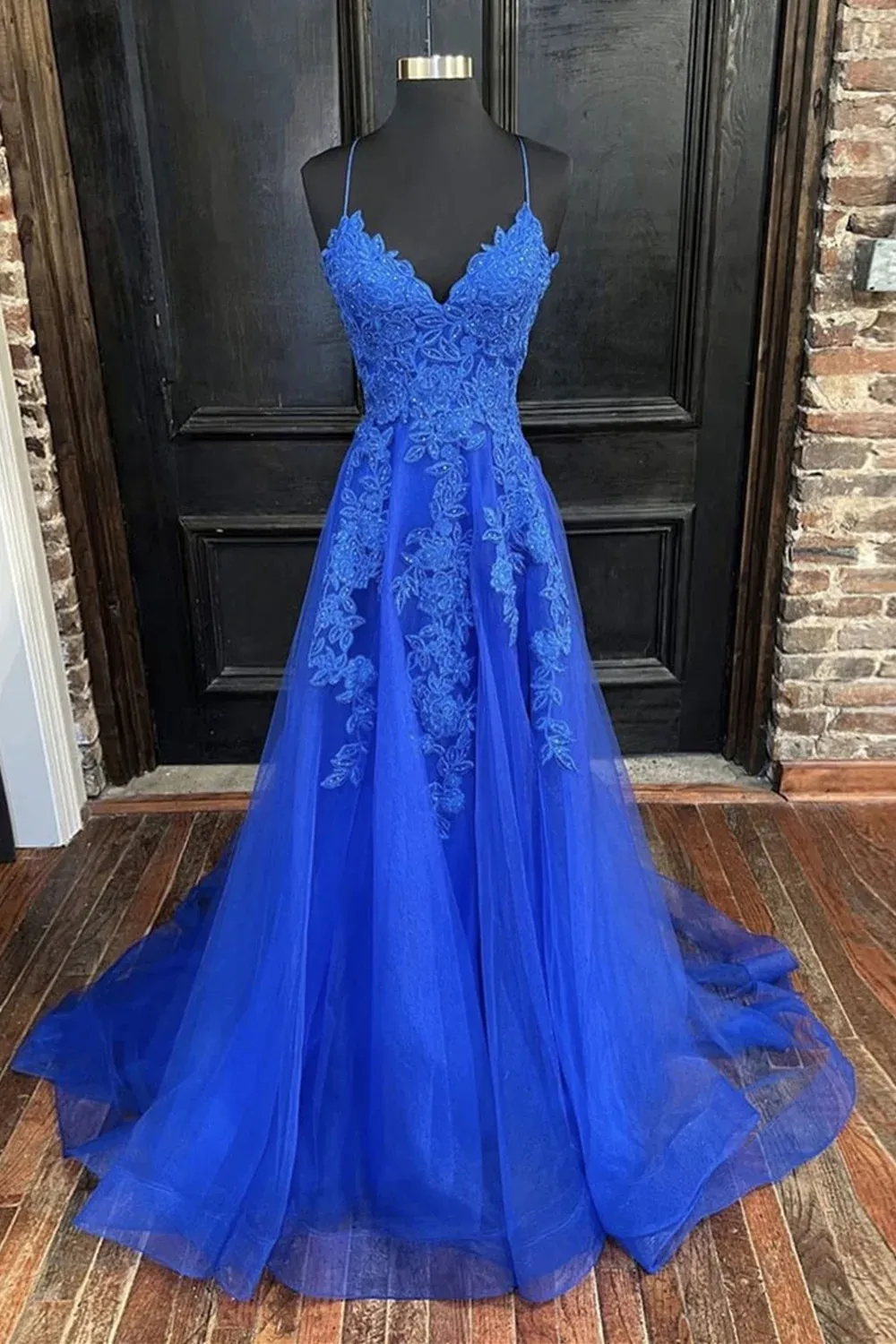 Diynav Line V Neck Blue Tulle Lace Long Prom Dresses, V Neck Blue Formal Dresses, Blue Lace Evening Dresses HZ1017