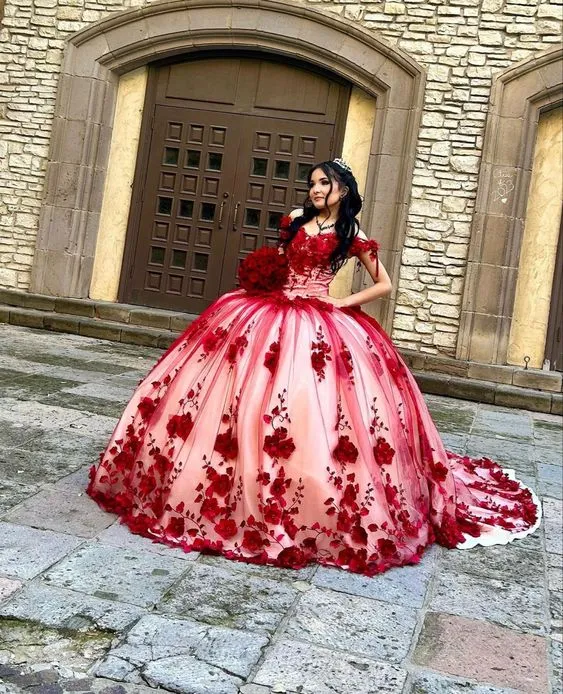 Diynav Made 3D Flower Red Lace Quinceanera Dresses Off the Shoulder Ball Gown HZ1017