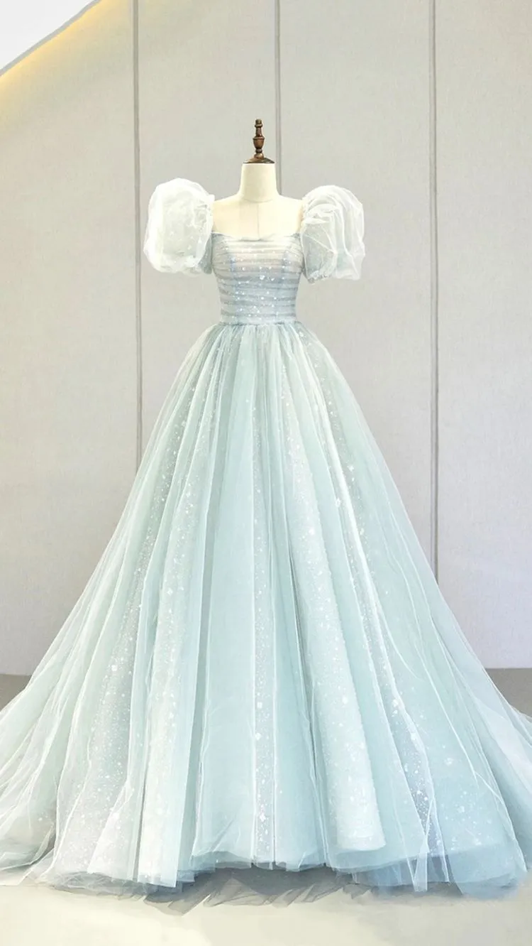 Diynav Puff Sleeves Blue Long Prom Dress, Tulle Formal Evening Dress HZ1017