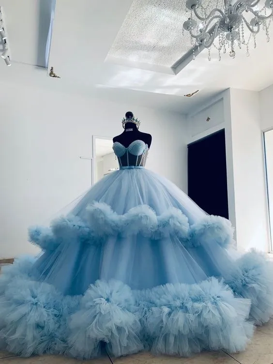 Diynav Puffy Ball Dress Blue Ruffled Tulle Sweetheart Ball Gown HZ1017
