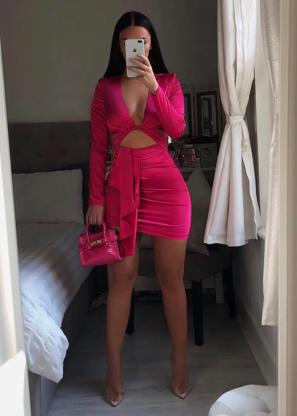 Diynav Pink Homecoming Dress With Long Sleeves,Hot Pink Cocktail Dress HZ1017