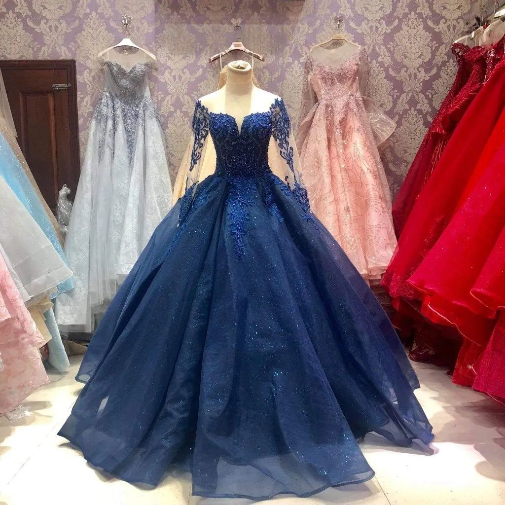 Diynav Floral Flowers Patterned Ball Gown Long Sleeve Prom Party Illusion HZ1017