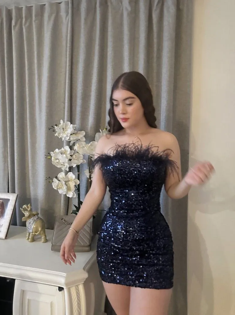 Diynav Feather-Trim Sequin Bodycon Dress,Short Homecoming Dress HZ1017