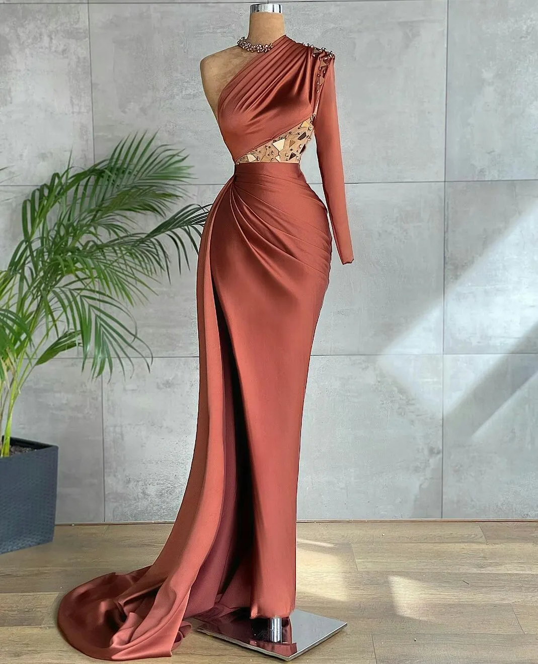 Diynav Mermaid Beaded One Shoulder Evening Dresses High Side Slit Prom Dress Custom Made HZ1017