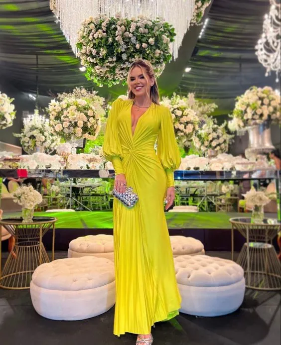 Diynav Women's Dresses V-Neck Lantern Long Sleeves Evening Dress HZ1017