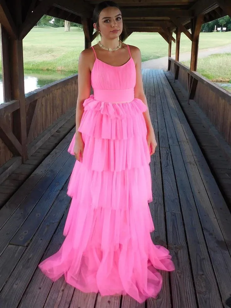 Diynav Open Back Layered Pink Long Prom Dresses Pink Formal Graduation Evening Dresses HZ1017