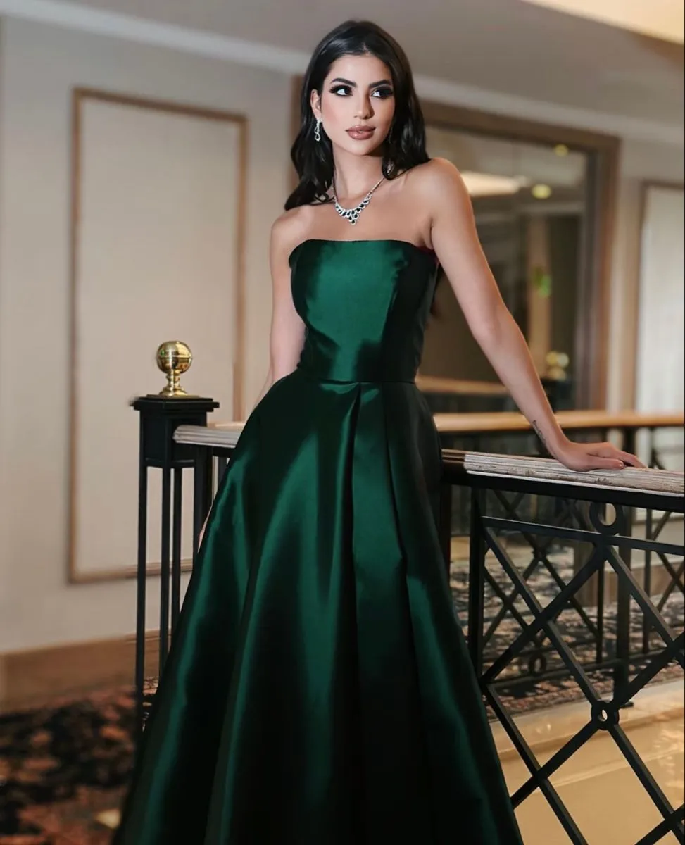 Diynav Green Strapless A-line Evening Dress Emerald Green Satin Formal Dress HZ1017