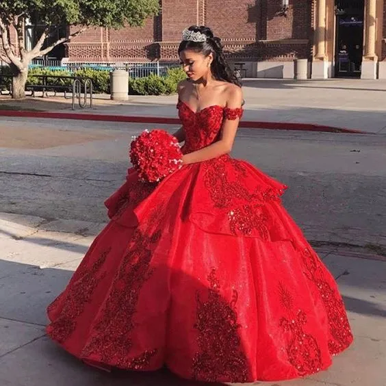 Diynav Shoulder Women Red Elegant Luxury Ball Gown Sweet 16 Party Gown HZ1017