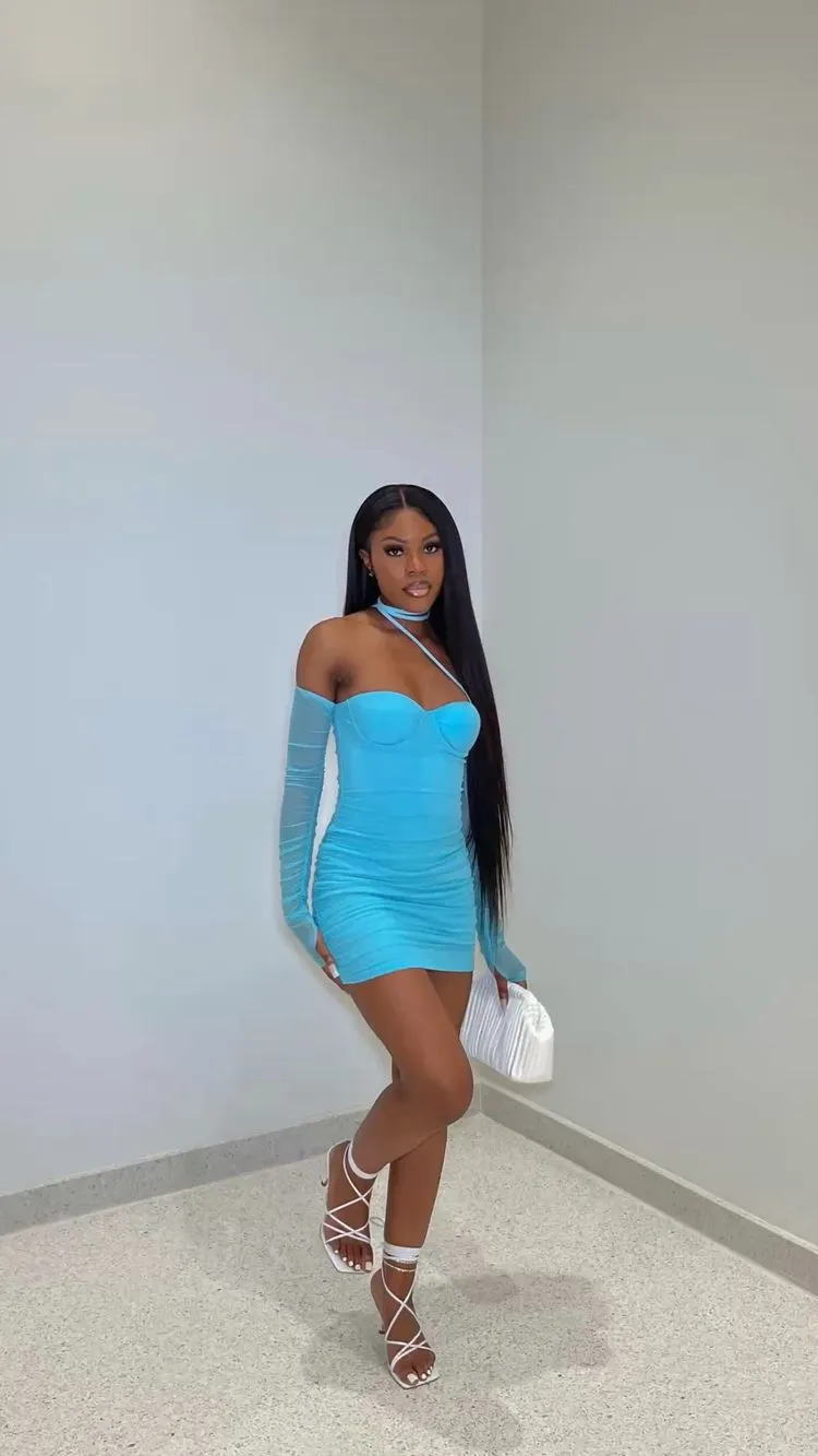 Diynav Sleeve Sweetheart Neck Mesh Mini Bodycon Dress,Sexy Blue Mini Homecoming Dress HZ1017