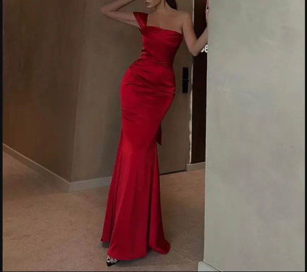 Diynav Red Satin One Shoulder Evening Dress,Sexy Red Evening Gown HZ1017