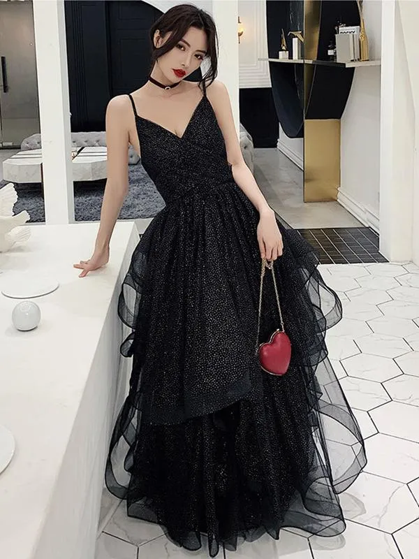 Diynav Black V Neck Prom Dresses, Backless Black V Neck Formal Evening Gown HZ1017