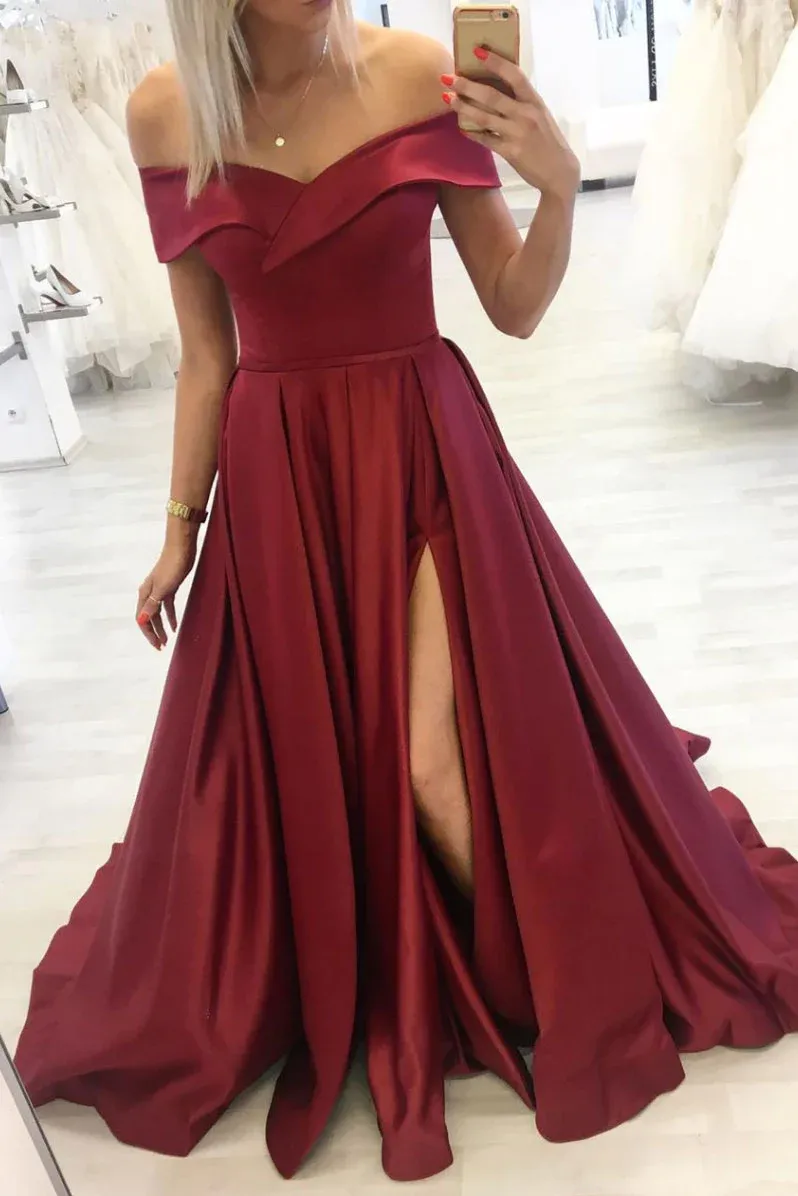 Diynav burgundy off shoulder long prom dress burgundy evening dress HZ1017