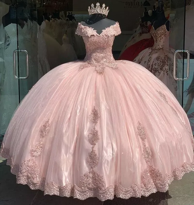 Diynav Pink Off The Shoulder Tulle LaceAppliques Ball Gown Quinceanera Dress HZ1017