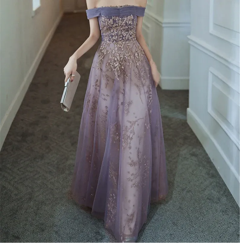 Diynav Purple Prom Dress off Shoulder Evening Dress Elegant Long Banquet Dress Sleeveless Party Dress Girl Graduation Dress HZ1017