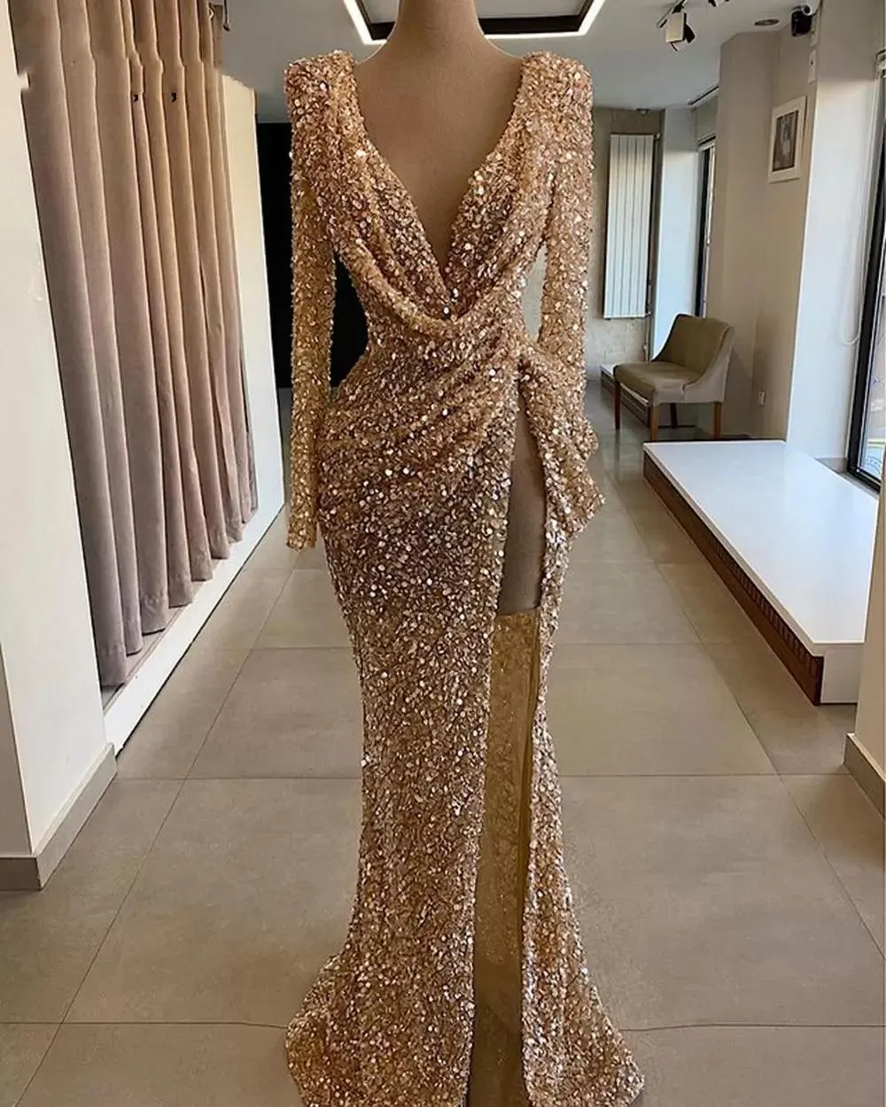 Diynav prom dresses, deep v neck prom dresses, long sleeve prom dresses, arabic prom dresses, side slit prom dresses, fashion evening gowns HZ1017