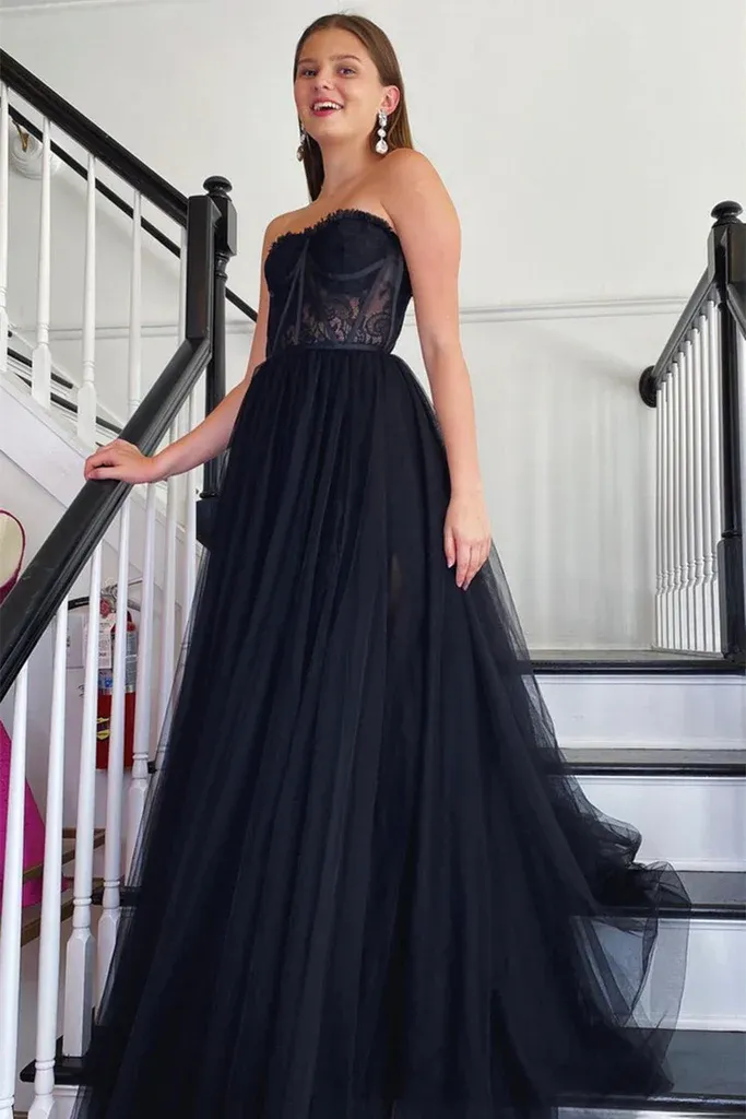 Diynav Black Lace Tulle Long Prom Dress, Black Lace Formal Dress, Black Evening Dress HZ1017