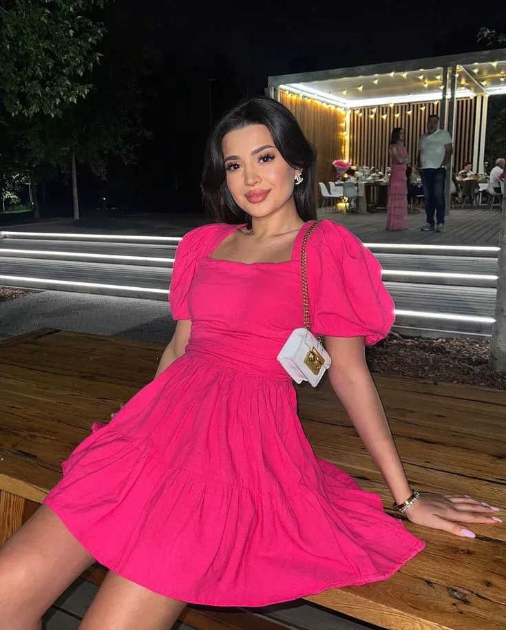 Diynav A-line Hot Pink Homecoming Dress with Puff Sleeves HZ1017