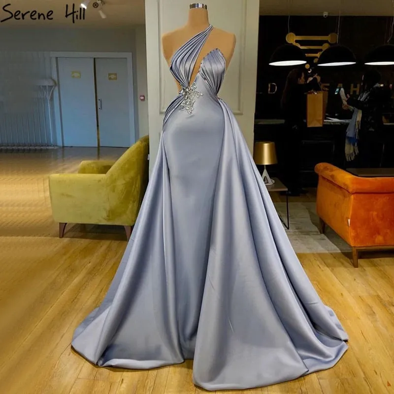 Diynav Blue Mermaid One Shoulder Evening Dresses 2025 Satin Sleeveless Beading Lace Up Formal Dress HZ1017