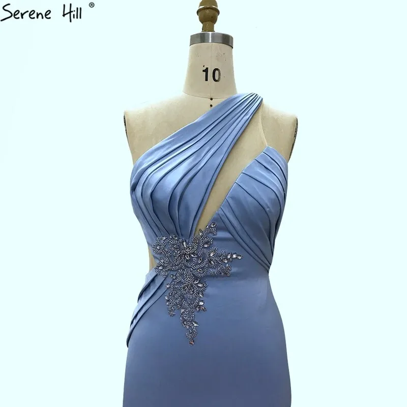 Diynav Blue Mermaid One Shoulder Evening Dresses 2025 Satin Sleeveless Beading Lace Up Formal Dress HZ1017 - Image 5