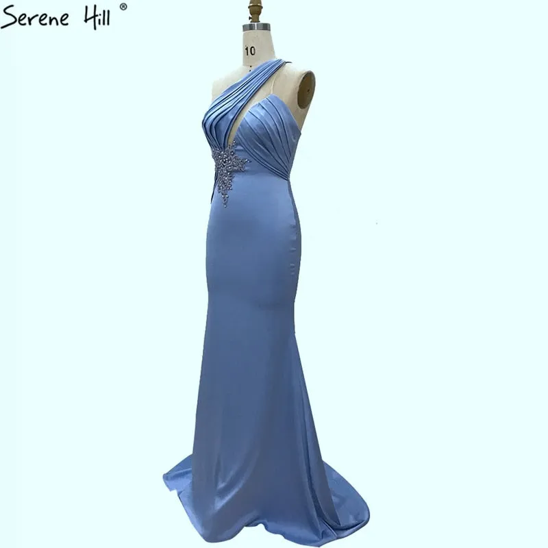 Diynav Blue Mermaid One Shoulder Evening Dresses 2025 Satin Sleeveless Beading Lace Up Formal Dress HZ1017 - Image 3
