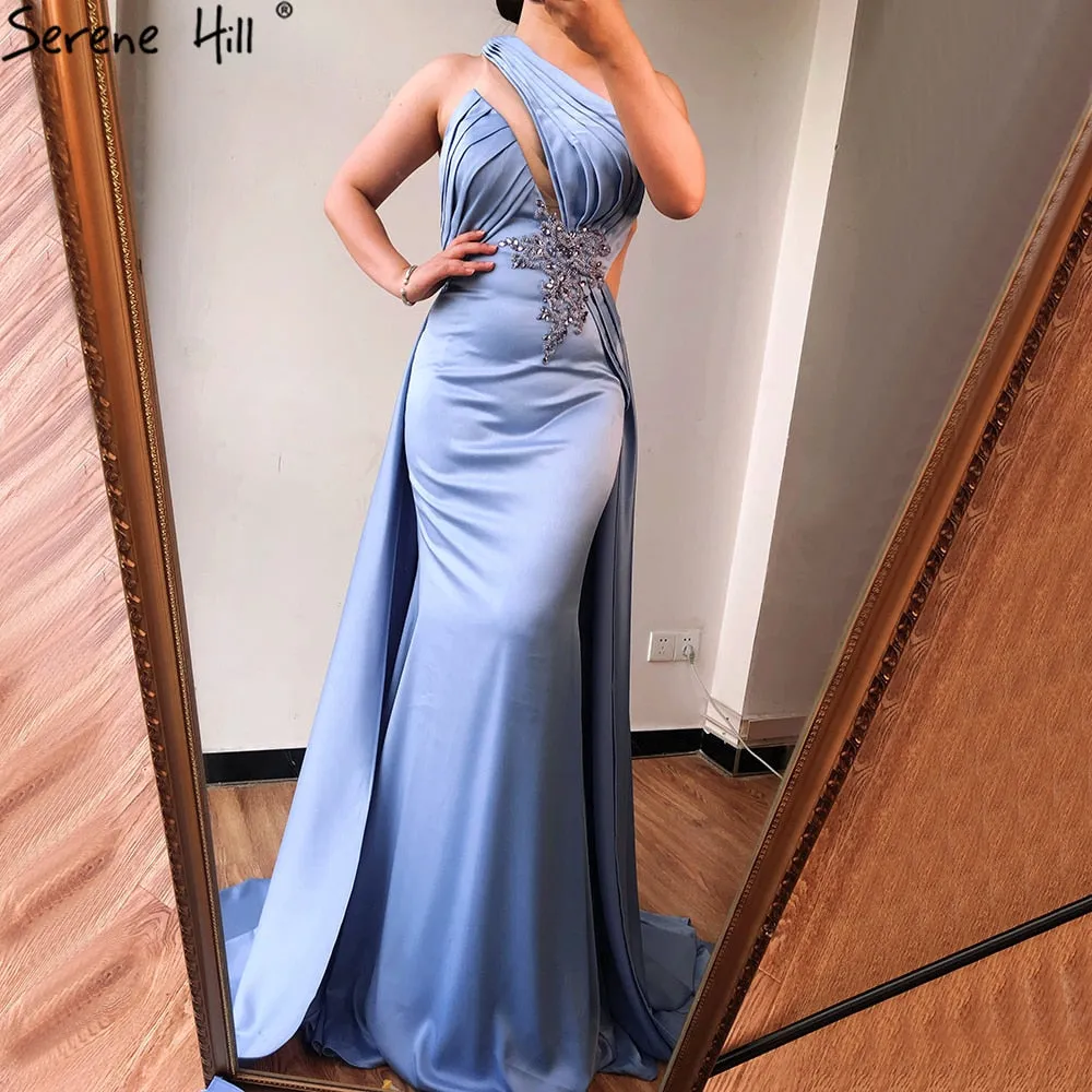 Diynav Blue Mermaid One Shoulder Evening Dresses 2025 Satin Sleeveless Beading Lace Up Formal Dress HZ1017 - Image 2