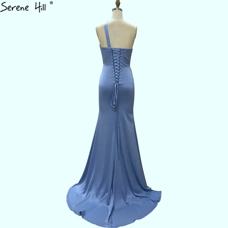 Diynav Blue Mermaid One Shoulder Evening Dresses 2025 Satin Sleeveless Beading Lace Up Formal Dress HZ1017 - Image 4