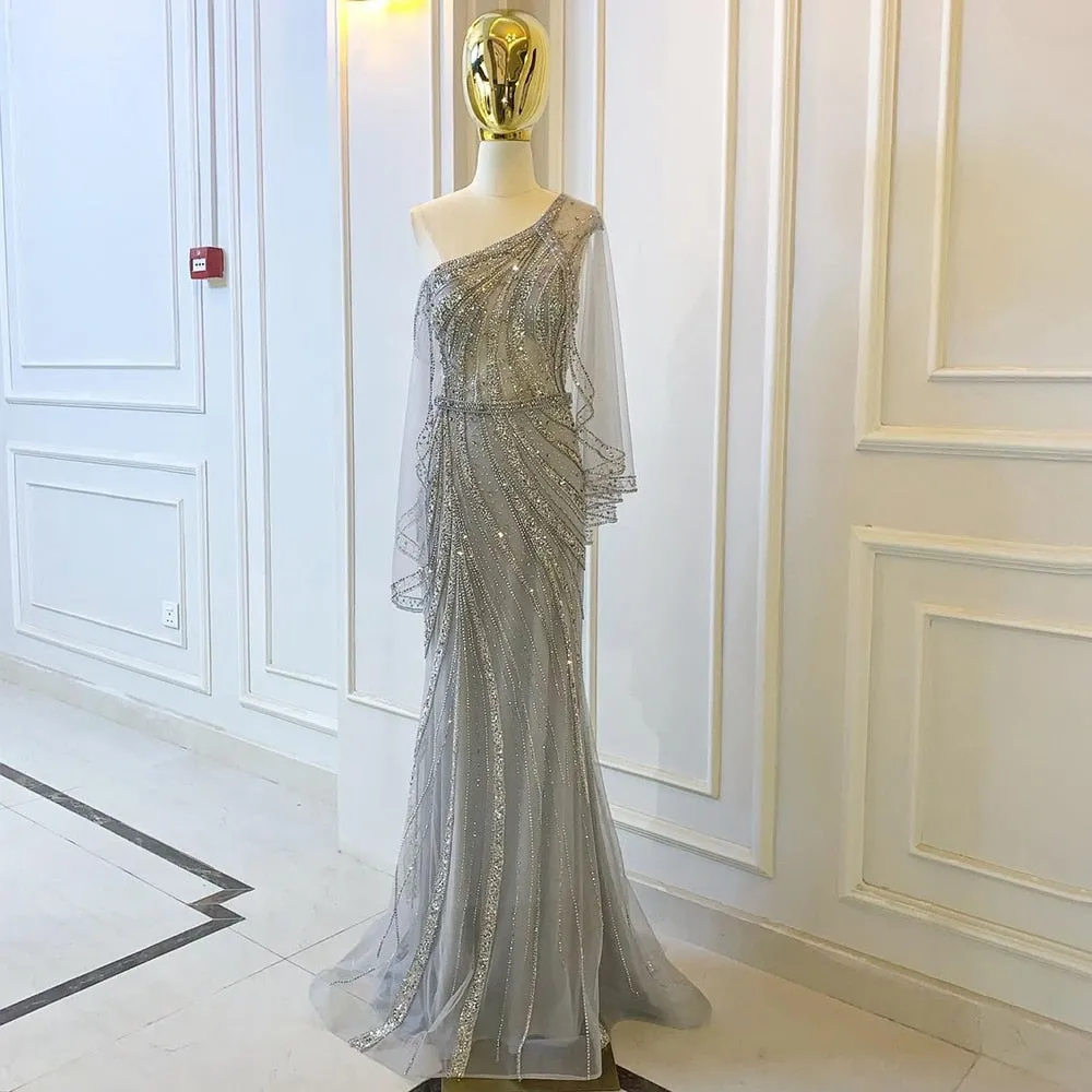Diynav Grey One Shouder Evening Dresses Gowns 2025 Mermaid Beaded Elegant For Women Party HZ1017