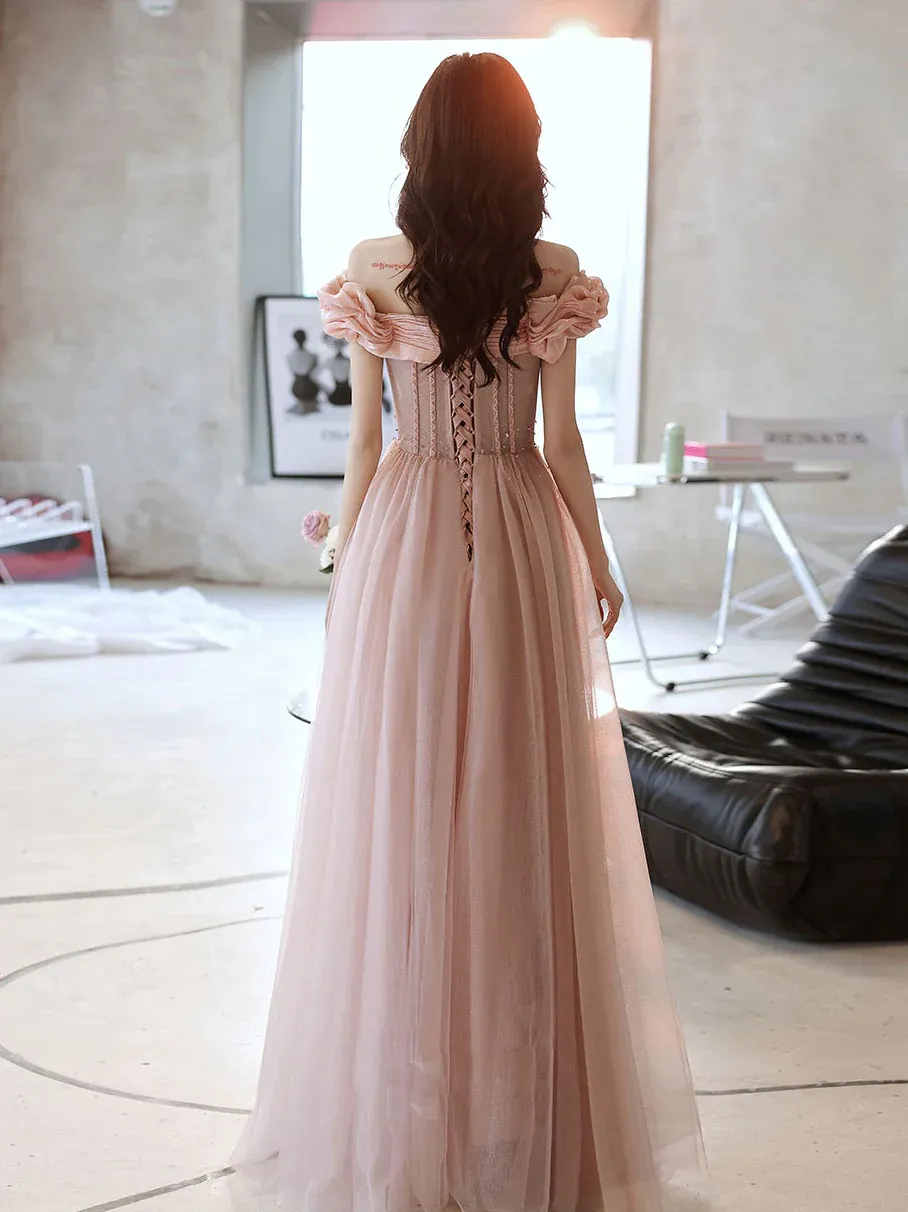 Diynav Sweetheart Neck Tulle Beads Long Prom Dress, Pink Evening HZ1017 - Image 4