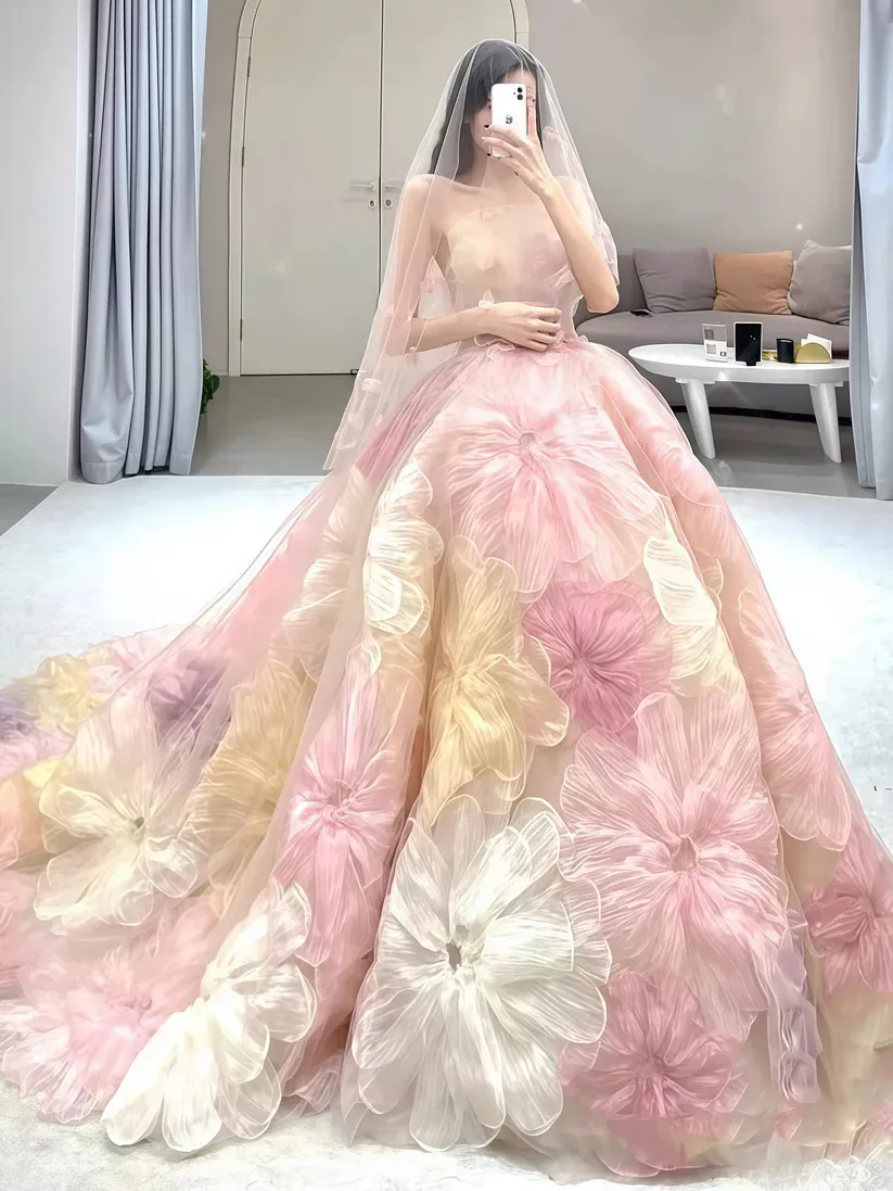 Diynav Princess Floral Ball Gown, Strapless A-line Evening Prom Dress,Wedding Dress HZ1017