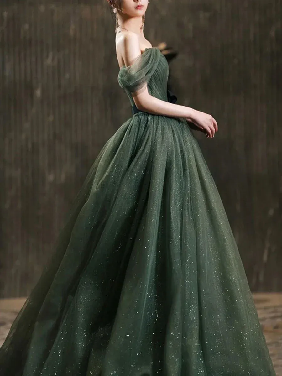 Diynav green tulle long prom dress, green tulle evening dress HZ1017