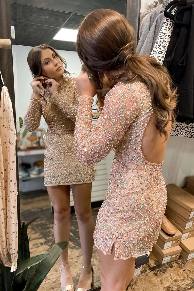 Diynav Long Sleeve Open Back Short Homecoming Dress HZ1017