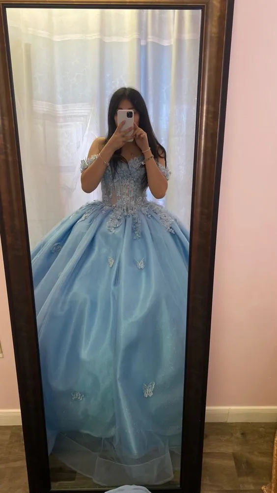 Diynav Off The Shoulder Ball Gown,Blue Quinceanera Dress,Sweet 16 Dress HZ1017