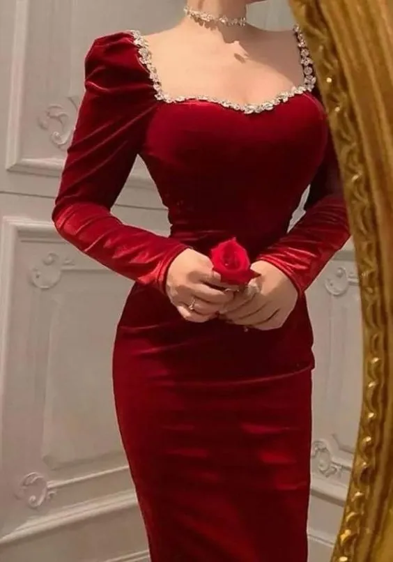 Diynav Style Red Velvet Long Sleeves Evening Dress,Red Evening Gown HZ1017