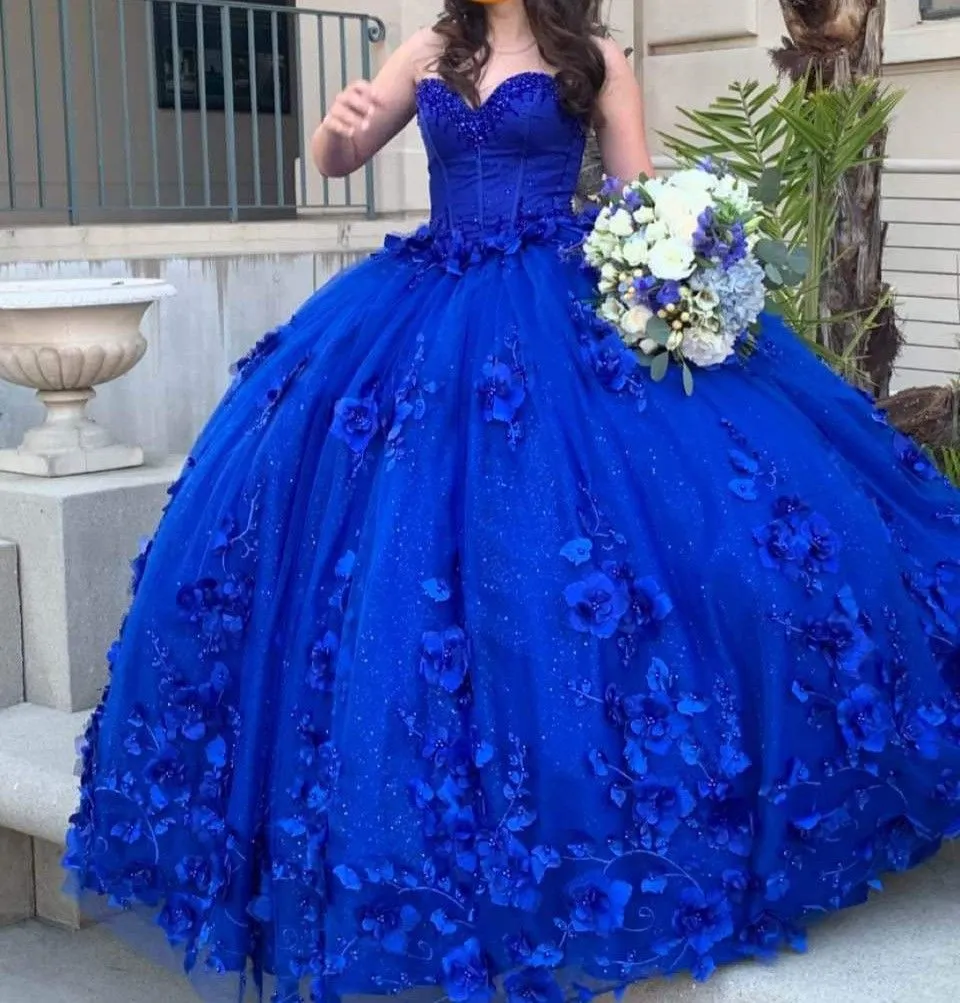 Diynav Flowers Crystals Royal Blue Ball Gown Quinceanera Dresses With Appliques Sweet 16 Dress HZ1017