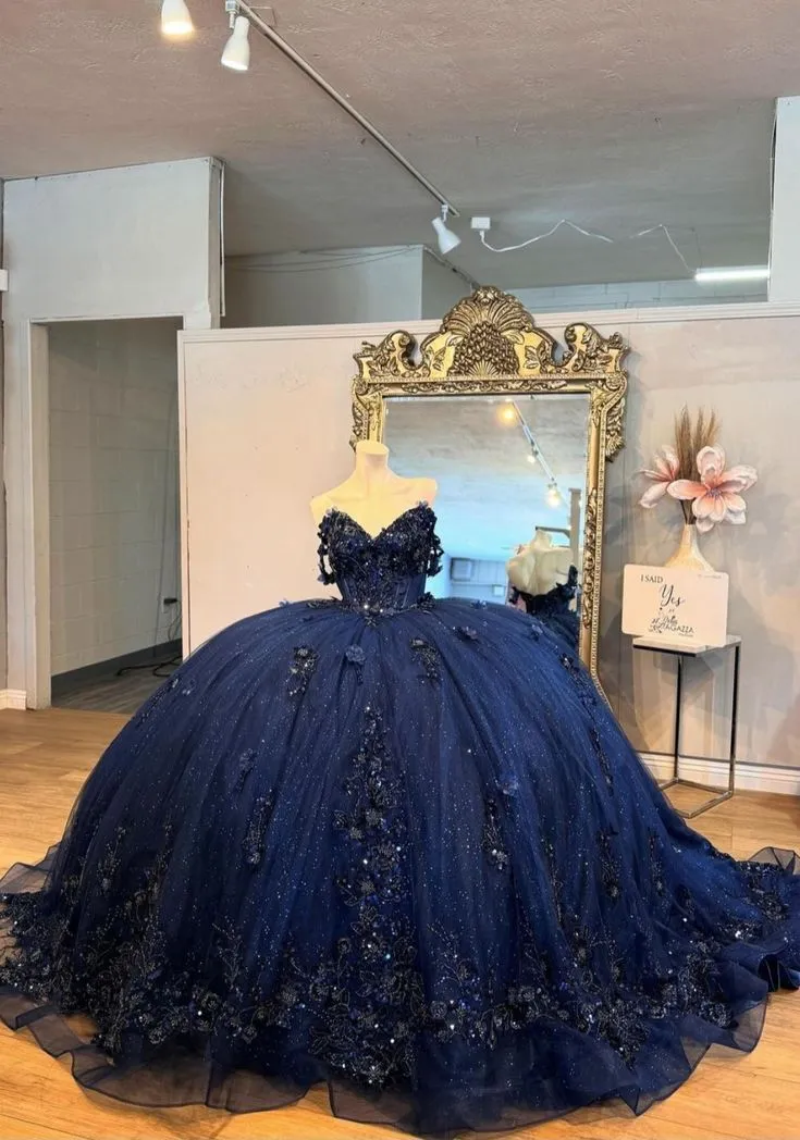 Diynav Navy Blue Tulle Appliques Prom Dress Shiny Birthday Ball Gown HZ1017