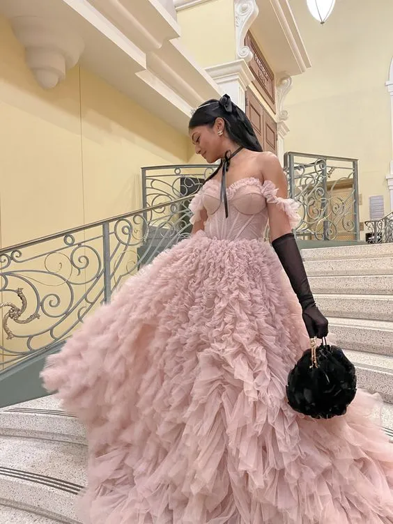 Diynav Tulle Ball Gown Evening Dresses Dirty Pink Saudi Arabia Long Ruffle Prom Gown For Women HZ1017