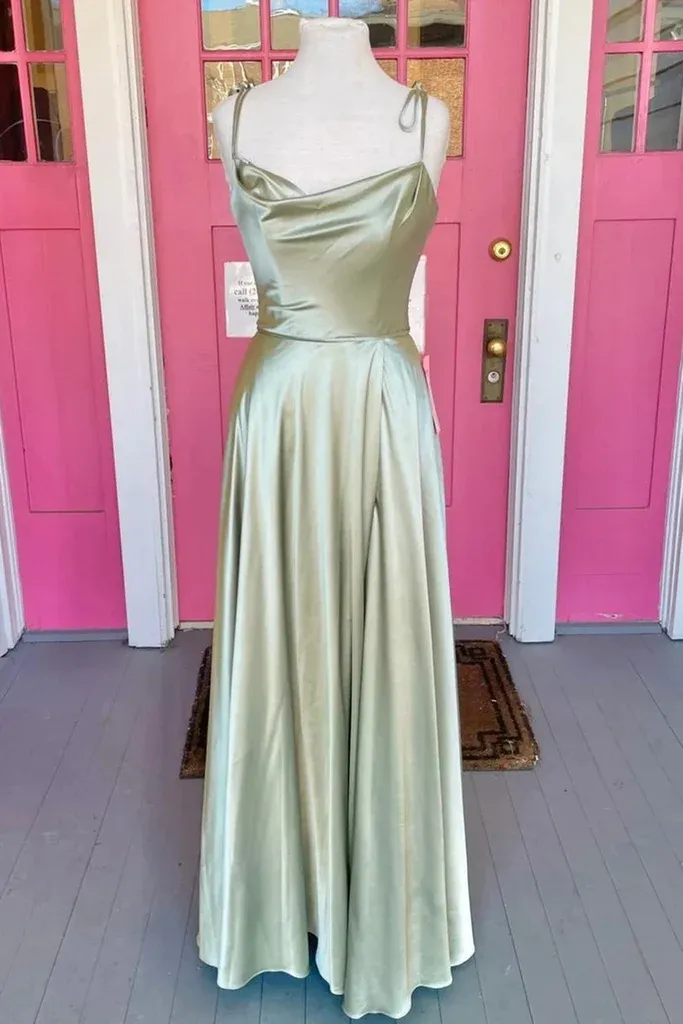 Diynav Back Sage Satin Long Prom Dress with High Slit, Long Sage Formal Graduation Evening Dress HZ1017