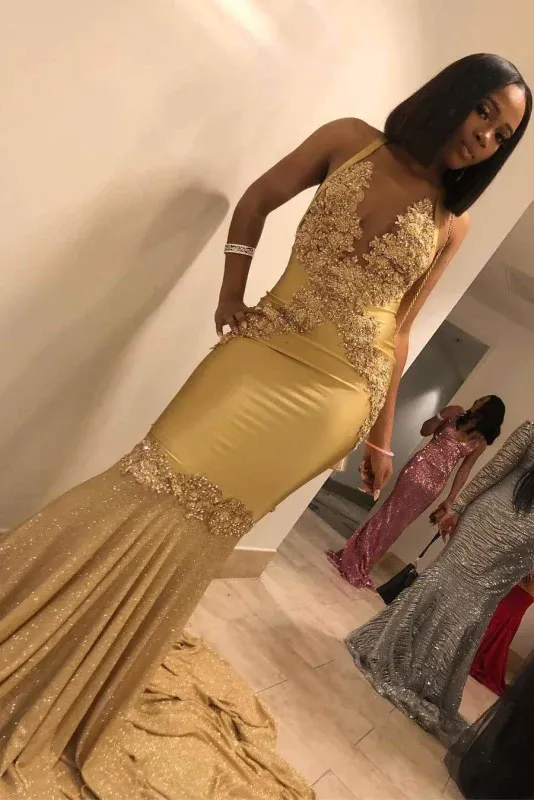 Diynav Shiny Halter Sleeveless Mermaid Long Evening Dress with Sweep Train HZ1017