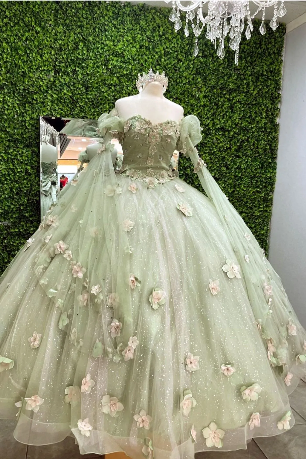 Diynav Light Sage Green Princess Dress with Flowers .Light Sage Green Ball Gown,Sweet 16 Dress HZ1017