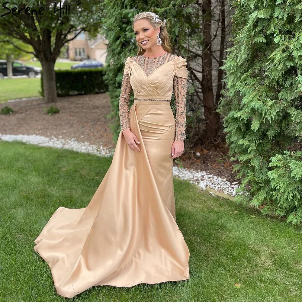 Diynav Gold Mermaid Overskirt Evening Dresses Gowns 2025 Satin Beaded Elegant For Women Party HZ1017